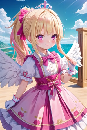 1 girl , little girl , loli , 8 years old , pink eyes , dress , ponytail hair , traditional dress , winged wings , wings on the back , white gloves , blonde hair , long hair , blush , ornaments , halo , sky , clouds , smiling , tiara , angel , stage

masterpiece, ultra detailed , professional, UHD , beautiful face, bright colors, high textures , sharp focus, depth of field, cinematic vision , aesthetics, vivid colours , best quality,incredibly absurdres,high detail eyes, Five fingers , (masterpiece) , scenery , more details