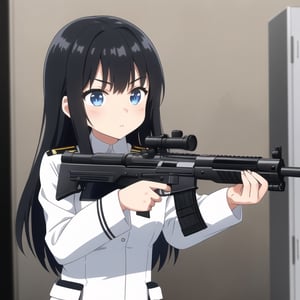 Loli ,12 years old , petite, a girl, long hair, black hair, blue eyes, bangs, holding a gun, cute , military suit submachine gun, holding a submachine gun, aiming, looking straight ahead.