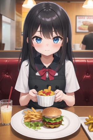 1 girl , solo , medium height , blue eyes, long black hair, bangs, blush,12 year old girl , blush , loli , restaurant, alone, sitting, at a table, disposable cup, fries, hamburgers, eating 

masterpiece, perfect eyes, ultra-detailed, high quality, 8k, professional, UHD, high illumination, beautiful face, bright colors, high textures , sharp focus, depth of field, cinematic vision , aesthetics, vivid color
