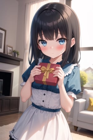 1 girl , solo , Loli  , medium height , blue eyes, long black hair, bangs, blush,12 year old girl , blush , living room, house, decoration, containing a gift, gift box, shy , holding a gift  , sad

masterpiece, perfect eyes, ultra-detailed, high quality, 8k, professional, UHD, high illumination, beautiful face, bright colors, high textures , sharp focus, depth of field, cinematic vision , aesthetics, vivid color
