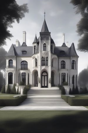 Certainly! Here's a detailed prompt for an AI image generator:

Title: Modern Gothic Mansion

Description:
Generate an image of a modern mansion inspired by Gothic architecture, blending luxurious contemporary elements with traditional Gothic features. The mansion should exude opulence and grandeur while maintaining a sleek, minimalist aesthetic. Focus on incorporating the following key elements:

1. Architecture: The mansion should feature high arches, pointed arch windows, and intricate stone detailing reminiscent of Gothic cathedrals. However, these elements should be interpreted in a modern context, with clean lines and geometric precision.

2. Monochrome Stained Glass Window: A prominent feature of the mansion should be a large stained glass window in a monochrome color scheme. The design of the stained glass should be intricate yet contemporary, perhaps featuring abstract geometric patterns or stylized representations of nature.

3. Symmetry and Balance: The exterior of the mansion should emphasize symmetry and balance, with a centrally located main entry flanked by identical wings or towers on either side. Pay attention to the proportions and scale of the various architectural elements to achieve visual harmony.

4. Luxurious Details: Incorporate luxurious materials such as polished marble, sleek metal accents, and floor-to-ceiling glass panels to add a modern touch to the Gothic-inspired design. Consider adding elements like a fountain in the courtyard, ornate wrought iron gates, or sculptural garden features to enhance the sense of extravagance.

5. Lighting: Pay special attention to lighting to create dramatic effects and highlight the architectural features of the mansion. Utilize soft exterior lighting to illuminate the façade and accentuate the contours of the building, while also ensuring that the stained glass window casts a captivating glow both day and night.

Please ensure that the final image captures the essence of a modern Gothic mansion, striking a balance between historical inspiration and contemporary sophistication.