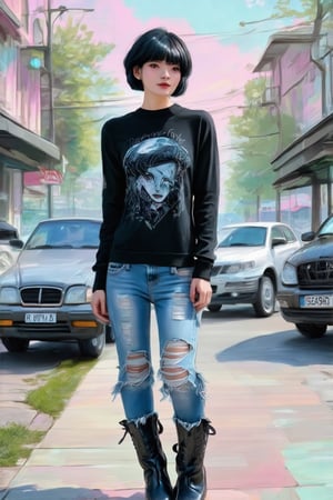 A moody young woman stands confidently on the sidewalk, her short dark hair styled with subtle texture and edge. She wears a black graphic print long-sleeve shirt, paired with ripped blue jeans and black boots that exude a cool, rebellious vibe. The urban backdrop features parked cars and trees, bathed in soft, pastel hues that evoke a sense of calm serenity..Claude Monet,pastel brushstrokes,Coquette aesthetic