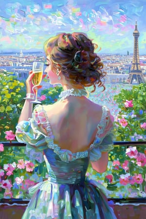 score_9,score_8_up,score_7_up, chiaroscuro painting, solo, 1woman, drinking champagne cup, from_back, standing, front of viewer, on a balcony, paris in the background, newhorrorfantasy_style, rating_safe.Coquette aesthetic,Claude Monet,pastel brushstrokes