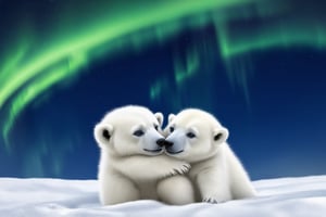 A pair of polar bear cubs playfully wrestling in the snow, with the northern lights softly illuminating the night sky.