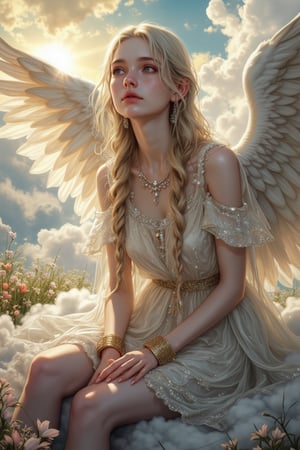 The Divine Maiden seated on a billowy cloud, long blonde braids cascading elegantly, striking grey eyes sparkling with ethereal wisdom, snow-white luminous skin radiating an otherworldly glow, transparent veil adorned with shimmering crystals fluttering gently, delicate and airy divine garments layered with elements of crystal, intricate gold bracelets adorning arms and legs, magnificent angel wings unfurling in pure light, vibrant sun rays filtering through, illuminating her presence, lush floral meadow beneath, creating an atmosphere of serene love and tranquility, wide-angle view showcasing the heavenly realm.