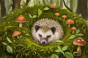 A sleepy hedgehog curled up in a nest of soft moss and leaves, with tiny mushrooms growing nearby in a peaceful woodland.

