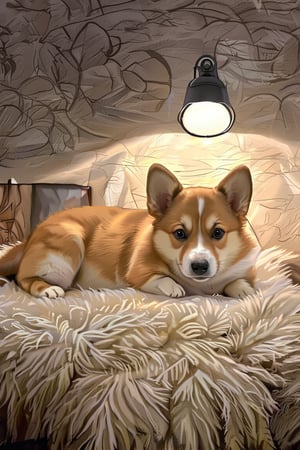 A chubby corgi puppy napping on a soft, fluffy blanket, with a warm glow from a nearby lamp creating a serene atmosphere.