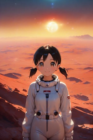 (masterpiece), best quality, expressive eyes, perfect face, anime coloring, 
((cowboy shot:1.2)), minamoto shizuka, 1girl. solo, twintails, smile, Girl in a spacesuit stepping onto the surface of Mars, Earth visible in the distance, vast red landscape, futuristic colony in the background, sense of wonder and exploration, epic sci-fi scene, hyper-realistic detail,