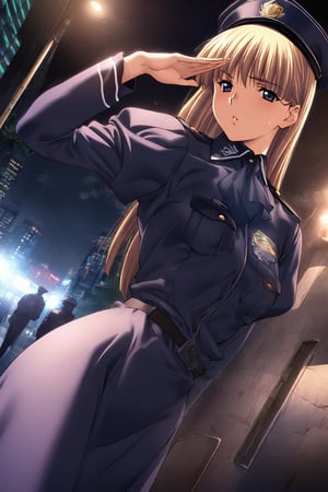 high detailed,very aesthetic, kanzaki asuka, 1girl, blonde hair, blue eyes,  A police officer, standing under a dim streetlight, modern skyscrapers background, wearing dark blue uniform, take a selfies, police cap, salute, a shadowy corner, light rain falls, mysterious atmosphere, police car, flashing lights, mist, Cinematic, dramatic lighting, high contrast, wide angle,