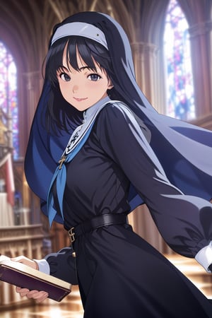 tokiyama sui, 1girl, black hair, black eyes, solo, nun, traditional nun, solo, holding, realistic, habit, book, church, looking at viewer, holding book, cross, smile, indoors, cowboy shot, long hair, blurry, blurry background, dress, closed mouth, lips, asian, (black dress), black wimple, anime coloring, official art, masterpiece, best quality, cute girl, beautiful girl, perfect body, perfect face, shiny eyes, soft lightning,masterpiece, best quality, cute girl, beautiful girl, perfect body, perfect face, shiny eyes