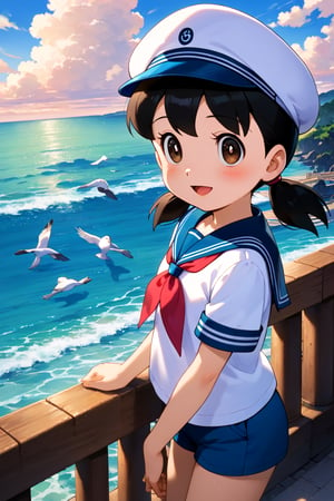 safe_pos, score_9, score_8_up, score_7_up, source masterpiece, very detailed facial features, incredibly detailed, r mood lighting, cinematic lighting, volumetric lighting, 1girl, solo, minamoto shizuka, 1girl, solo, outdoors, sailor collar, ocean, shorts, smile, bird, day, seagull, open mouth, shirt, brown eyes, black hair, sky, cloud, white shirt, short sleeves, railing, :d, blue sky, blush, water, short twintails, dutch angle, blue shorts, low twintails, sailor hat, blue sailor collar, aqua shorts, standing,