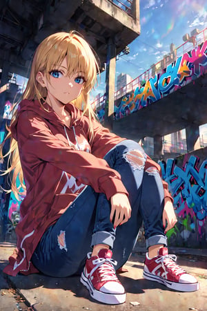 high detailed,very aesthetic, kanzaki asuka, 1girl, blonde hair, blue eyes, detailed gorgeous eyes, perfect face, detailed face, street-style girl, sitting, confident pose, under bridge, graffiti art, urban setting, hoodie, ripped jeans, sneakers, vibrant colors, expressive graffiti, shadows, natural lighting, BREAK, relaxed expression, hands in pockets, cool demeanor, wind-blown hair, cinematic, dusk, from_below,