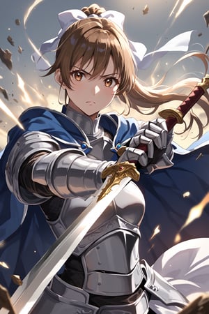 score_9, score_8_up, score_7_up, source_anime, masterpiece, high detailed,very aesthetic, sunohara shizuka, 1girl, brown hair, brown eyes, ponytail, white ribbon, detailed gorgeous eyes, perfect face, detailed face, 1girl, female knight, detailed armor, silver armor, blue cape flowing, dynamic action pose, holding sword, hand on sword hilt, intense expression, determined eyes, battlefield, clashing swords, dramatic lighting, epic battle, dust and debris, high contrast, cinematic angle, 2/3 shot