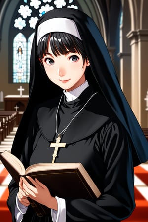 tokiyama sui, 1girl, black hair, black eyes, solo, nun, traditional nun, solo, holding, realistic, habit, book, church, looking at viewer, holding book, cross, smile, indoors, cowboy shot, long hair, blurry, blurry background, dress, closed mouth, lips, asian, (black dress), black wimple, anime coloring, official art, masterpiece, best quality, cute girl, beautiful girl, perfect body, perfect face, shiny eyes, soft lightning,masterpiece, best quality, cute girl, beautiful girl, perfect body, perfect face, shiny eyes