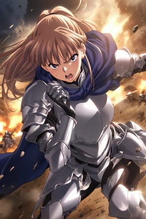 anime coloring, masterpiece, best quality,absurdres, kanzaki asuka, half updo, high detailed,very aesthetic, 1girl, detailed gorgeous eyes, perfect face, detailed face, 1girl, female knight, detailed armor, silver armor, blue cape flowing, dynamic action pose, intense expression, determined eyes, battlefield, dramatic lighting, epic battle, dust and debris, high contrast, cinematic angle, 2/3 shot
