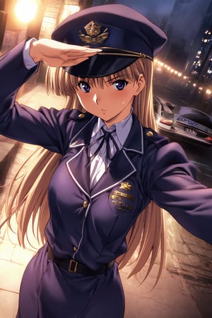 high detailed,very aesthetic, kanzaki asuka, 1girl, blonde hair, blue eyes,  A police officer, standing under a dim streetlight, modern skyscrapers background, wearing dark blue uniform, take a selfies, police cap, salute, a shadowy corner, light rain falls, mysterious atmosphere, police car, flashing lights, mist, Cinematic, dramatic lighting, high contrast, wide angle,