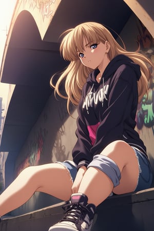 high detailed,very aesthetic, kanzaki asuka, 1girl, blonde hair, blue eyes, detailed gorgeous eyes, perfect face, detailed face, street-style girl, sitting, confident pose, under bridge, graffiti art, urban setting, hoodie, ripped jeans, sneakers, vibrant colors, expressive graffiti, shadows, natural lighting, BREAK, relaxed expression, hands in pockets, cool demeanor, wind-blown hair, cinematic, dusk, from_below,