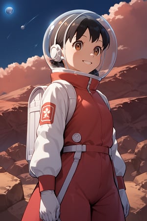 1girl,score_9, score_8_up, score_7_up, score_6_up,score_5_up, score_4_up, source_anime, anime coloring, minamoto shizuka, 1girl, solo, smile, Girl in a spacesuit stepping onto the surface of Mars, Earth visible in the distance, vast red landscape, futuristic colony in the background, sense of wonder and exploration, epic sci-fi scene, hyper-realistic detail