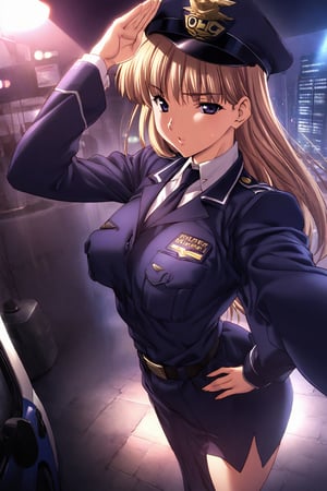 high detailed,very aesthetic, kanzaki asuka, 1girl, blonde hair, blue eyes,  A police officer, standing under a dim streetlight, modern skyscrapers background, wearing dark blue uniform, take a selfies, police cap, salute, a shadowy corner, light rain falls, mysterious atmosphere, police car, flashing lights, mist, Cinematic, dramatic lighting, high contrast, wide angle,