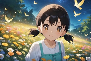 anime coloring, masterpiece, best quality, absurdres, expressive eyes, perfect face, minamoto shizuka, {fantasy and sweet theme},1girl, solo, alone, fairy, cute and fantastic, dress, (flower meadow:1.3), birds, lighting, detailed sky, starry sky, star\(symbol\), garden, fairy tale girl,Night scene, upper body, masterpiece, highest quality, ultra detailed,