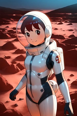 1girl,score_9, score_8_up, score_7_up, score_6_up,score_5_up, score_4_up, source_anime, anime coloring, minamoto shizuka, 1girl, solo, smile, Girl in a spacesuit stepping onto the surface of Mars, Earth visible in the distance, vast red landscape, futuristic colony in the background, sense of wonder and exploration, epic sci-fi scene, hyper-realistic detail