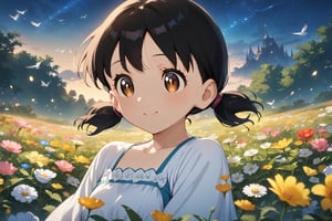 anime coloring, masterpiece, best quality, absurdres, expressive eyes, perfect face, minamoto shizuka, {fantasy and sweet theme},1girl, solo, alone, fairy, cute and fantastic, dress, (flower meadow:1.3), birds, lighting, detailed sky, starry sky, star\(symbol\), garden, fairy tale girl,Night scene, upper body, masterpiece, highest quality, ultra detailed,