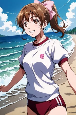 score_9, score_8_up, score_7_up, score_6_up, score_5_up, score_4_up, source_anime, anime coloring, sunohara shizuka, ponytail, hair bow, brown hair, brown eyes, waves, beach, blue sky, (clouds:0.8), school girl, solo, smile, gym uniform, buruma, short sleeves, flat illustration, close-up, dynamic pose angle, masterpiece, best-quality, highest-definition, ultra-detailed, high-resolution, intricate,
