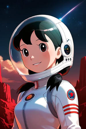 1girl,score_9, score_8_up, score_7_up, score_6_up,score_5_up, score_4_up, source_anime, anime coloring, minamoto shizuka, low twintails, black hair, 1girl, solo, smile, Girl in a spacesuit stepping onto the surface of Mars, Earth visible in the distance, vast red landscape, futuristic colony in the background, sense of wonder and exploration, epic sci-fi scene, hyper-realistic detail