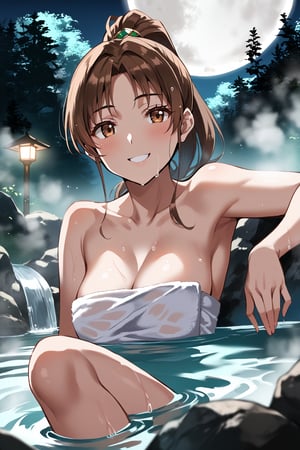 score_9, score_8_up, score_7_up, score_6_up, score_5_up, score_4_up, source_anime, anime coloring, sinohara shizuka, brown eyes, brown hair,ponytail, (soak:1.4), hot spa, fantasy, (nature:1.3), (moon:1.4), rock, fog, 1girl, solo, smile, towel, flat illustration, close-up, masterpiece, best-quality, highest-definition, ultra-detailed, high-resolution, intricate, cinematic lighting