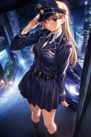 high detailed,very aesthetic, kanzaki asuka, 1girl, blonde hair, blue eyes,  A police officer, standing under a dim streetlight, modern skyscrapers background, wearing dark blue uniform, take a selfies, police cap, salute, a shadowy corner, light rain falls, mysterious atmosphere, police car, flashing lights, mist, Cinematic, dramatic lighting, high contrast, wide angle,