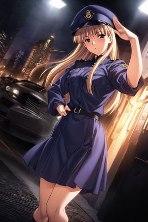 high detailed,very aesthetic, kanzaki asuka, 1girl, blonde hair, blue eyes,  A police officer, standing under a dim streetlight, modern skyscrapers background, wearing dark blue uniform, take a selfies, police cap, salute, a shadowy corner, light rain falls, mysterious atmosphere, police car, flashing lights, mist, Cinematic, dramatic lighting, high contrast, wide angle,