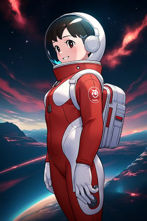 1girl,score_9, score_8_up, score_7_up, score_6_up,score_5_up, score_4_up, source_anime, anime coloring, minamoto shizuka, 1girl, solo, smile, Girl in a spacesuit stepping onto the surface of Mars, Earth visible in the distance, vast red landscape, futuristic colony in the background, sense of wonder and exploration, epic sci-fi scene, hyper-realistic detail