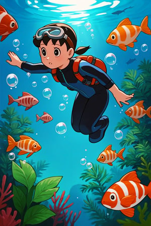 1girl,score_9, score_8_up, score_7_up, score_6_up,score_5_up, score_4_up, source_anime, anime coloring, high detailed,very aesthetic, minamoto shizuka,1girl, solo, goggles, diving suit, twintails, bubble, underwater, brown eyes, fish, diving mask, bodysuit, black hair, air bubble, wetsuit, goggles on head, short twintails, plant, randoseru, animal, :o, parted lips, diving, outdoors, short hair, high contrast lighting, masterpiece, best quality, award winning,