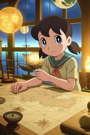 (masterpiece), best quality, expressive eyes, perfect face, anime coloring, 
minamoto shizuka, smile, Teenage girl navigator studying ancient maps in a grand ship's cabin, surrounded by nautical instruments, glowing globe, and exotic artifacts, warm candlelight, tall windows showing a starry night sky and phosphorescent sea, sense of adventure and discovery