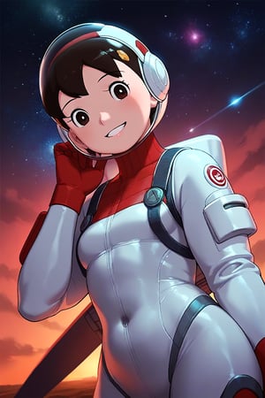 1girl,score_9, score_8_up, score_7_up, score_6_up,score_5_up, score_4_up, source_anime, anime coloring, minamoto shizuka, 1girl, solo, smile, Girl in a spacesuit stepping onto the surface of Mars, Earth visible in the distance, vast red landscape, futuristic colony in the background, sense of wonder and exploration, epic sci-fi scene, hyper-realistic detail