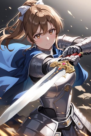 score_9, score_8_up, score_7_up, source_anime, masterpiece, high detailed,very aesthetic, sunohara shizuka, 1girl, brown hair, brown eyes, ponytail, white ribbon, detailed gorgeous eyes, perfect face, detailed face, 1girl, female knight, detailed armor, silver armor, blue cape flowing, dynamic action pose, holding sword, hand on sword hilt, intense expression, determined eyes, battlefield, clashing swords, dramatic lighting, epic battle, dust and debris, high contrast, cinematic angle, 2/3 shot