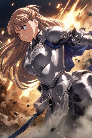 anime coloring, masterpiece, best quality,absurdres, kanzaki asuka, half updo, high detailed,very aesthetic, 1girl, detailed gorgeous eyes, perfect face, detailed face, 1girl, female knight, detailed armor, silver armor, blue cape flowing, dynamic action pose, intense expression, determined eyes, battlefield, dramatic lighting, epic battle, dust and debris, high contrast, cinematic angle, 2/3 shot
