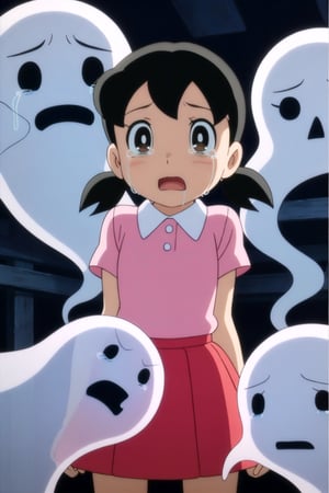 minamoto shizuka,

1girl, brown eyes, twintails, black hair, tears, skirt, shirt, open mouth, crying, short sleeves, red skirt, short twintails, pink shirt, scared, crying with eyes open, child, short hair, collared shirt, looking at viewer, anime coloring, low twintails,, ghost,

masterpiece, best quality, cute girl, beautiful girl, perfect body, perfect face, shiny eyes,