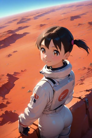 (masterpiece), best quality, expressive eyes, perfect face, anime coloring, 
((cowboy shot:1.2)), minamoto shizuka, 1girl. solo, twintails, smile, Girl in a spacesuit stepping onto the surface of Mars, Earth visible in the distance, vast red landscape, futuristic colony in the background, sense of wonder and exploration, epic sci-fi scene, hyper-realistic detail,