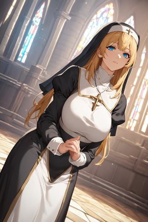 score_9, score_8_up, score_7_up, source_anime, masterpiece, high detailed,very aesthetic, ritto, 1girl, blonde hair, blue eyes, detailed gorgeous eyes, perfect face, detailed face, pray in the church, detailed background, nun clothes, dutch_angle, god rays, concept art,