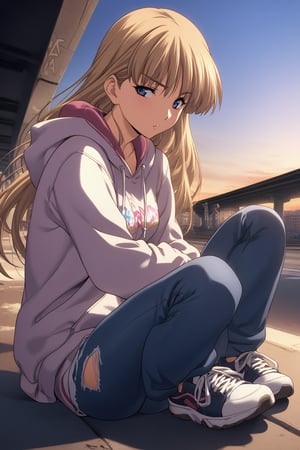 high detailed,very aesthetic, kanzaki asuka, 1girl, blonde hair, blue eyes, detailed gorgeous eyes, perfect face, detailed face, street-style girl, sitting, confident pose, under bridge, graffiti art, urban setting, hoodie, ripped jeans, sneakers, vibrant colors, expressive graffiti, shadows, natural lighting, BREAK, relaxed expression, hands in pockets, cool demeanor, wind-blown hair, cinematic, dusk, from_below,