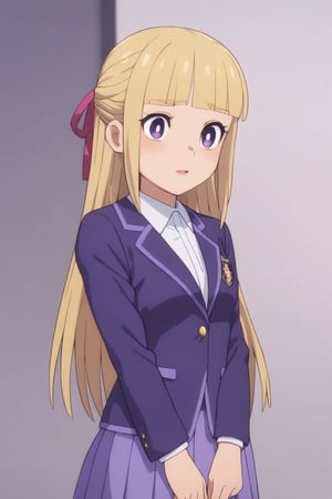 high detailed,very aesthetic,cowboy shot,kanzaki asuka, 1girl, solo, school uniform, purple blazer, purple skirt, half updo, hair ribbon, purple eyes, blonde hair, long hair, blunt bangs, (masterpiece, high-quality, breathtaking, highres, ultra detailed), (expressive eyes, perfect face),
