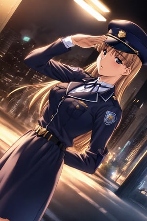 high detailed,very aesthetic, kanzaki asuka, 1girl, blonde hair, blue eyes,  A police officer, standing under a dim streetlight, modern skyscrapers background, wearing dark blue uniform, take a selfies, police cap, salute, a shadowy corner, light rain falls, mysterious atmosphere, police car, flashing lights, mist, Cinematic, dramatic lighting, high contrast, wide angle,