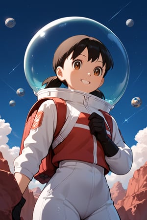 1girl,score_9, score_8_up, score_7_up, score_6_up,score_5_up, score_4_up, source_anime, anime coloring, minamoto shizuka, 1girl, solo, smile, Girl in a spacesuit stepping onto the surface of Mars, Earth visible in the distance, vast red landscape, futuristic colony in the background, sense of wonder and exploration, epic sci-fi scene, hyper-realistic detail