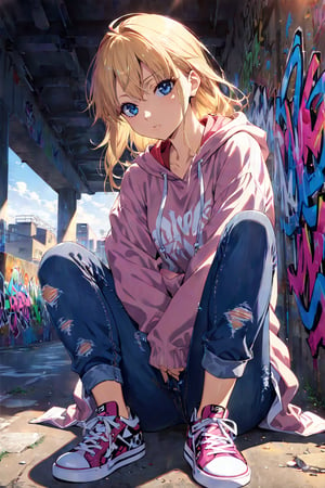 high detailed,very aesthetic, kanzaki asuka, 1girl, blonde hair, blue eyes, detailed gorgeous eyes, perfect face, detailed face, street-style girl, sitting, confident pose, under bridge, graffiti art, urban setting, hoodie, ripped jeans, sneakers, vibrant colors, expressive graffiti, shadows, natural lighting, BREAK, relaxed expression, hands in pockets, cool demeanor, wind-blown hair, cinematic, dusk, from_below,