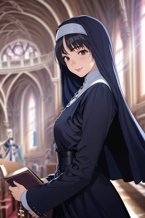 tokiyama sui, 1girl, black hair, black eyes, solo, nun, traditional nun, solo, holding, realistic, habit, book, church, looking at viewer, holding book, cross, smile, indoors, cowboy shot, long hair, blurry, blurry background, dress, closed mouth, lips, asian, (black dress), black wimple, anime coloring, official art, masterpiece, best quality, cute girl, beautiful girl, perfect body, perfect face, shiny eyes, soft lightning,masterpiece, best quality, cute girl, beautiful girl, perfect body, perfect face, shiny eyes