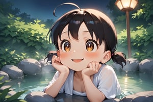 ((masterpiece)), (((best quality))), ((ultra-detailed)), (illustration), (detailed light),((an extremely delicate and beautiful), minamoto shizuka,(cute girl), solo, ((smirk)), (open mouth), (from side), (face focus), (((fingers on cheeks))),wearing towel,onsen, bathing,AddXL, ahoge, brown eyes,adorable_style, blush, sitting, night, looking up,