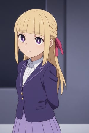 high detailed,very aesthetic,cowboy shot,kanzaki asuka, 1girl, solo, school uniform, purple blazer, purple skirt, half updo, hair ribbon, purple eyes, blonde hair, long hair, blunt bangs, (masterpiece, high-quality, breathtaking, highres, ultra detailed), (expressive eyes, perfect face),
