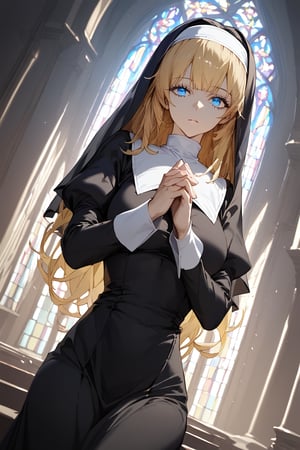 score_9, score_8_up, score_7_up, source_anime, masterpiece, high detailed,very aesthetic, ritto, 1girl, blonde hair, blue eyes, detailed gorgeous eyes, perfect face, detailed face, pray in the church, detailed background, nun clothes, dutch_angle, god rays, concept art,