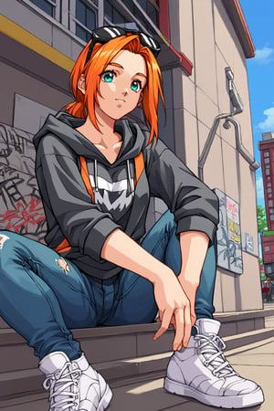 score_9, score_8_up, score_7_up, source_anime, masterpiece, high detailed,very aesthetic, kanou makoto, 1girl, orange hair, aqua_eyes, eyewear on head, detailed gorgeous eyes, perfect face, detailed face, street-style girl, sitting, confident pose, under bridge, graffiti art, urban setting, hoodie, ripped jeans, sneakers, vibrant colors, expressive graffiti, shadows, natural lighting, BREAK, relaxed expression, hands in pockets, cool demeanor, wind-blown hair, cinematic, dusk, from_below,